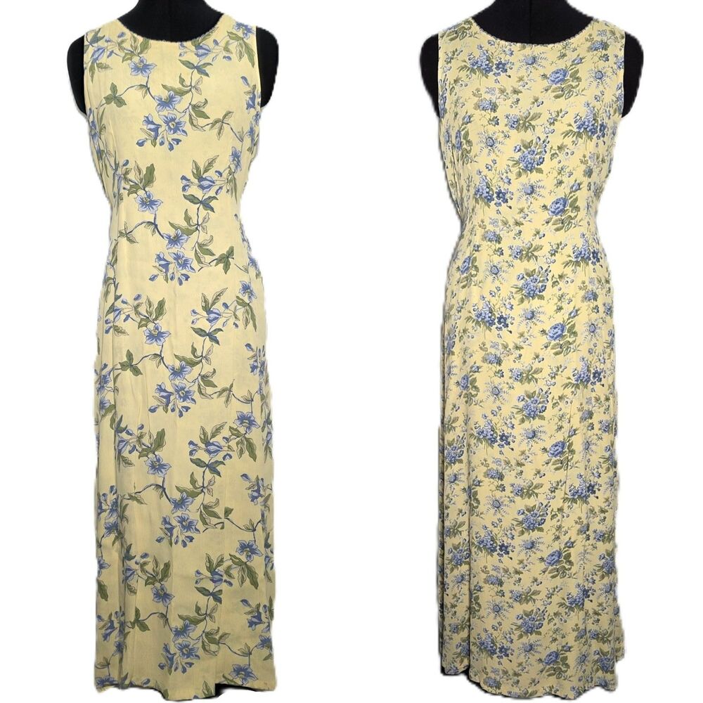 VTG April Cornell Floral Maxi Dress Women’s S Reversible Sleeveless Yellow Blue